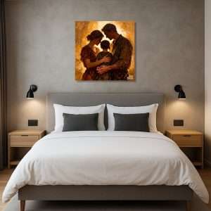 Cuadro decorativo de familia abrazada con fondo luminoso y cálido.