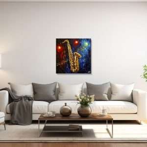 Cuadro decorativo con tema musical y colores vibrantes