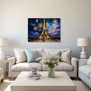Cuadro decorativo con Torre Eiffel iluminada y fuegos artificiales