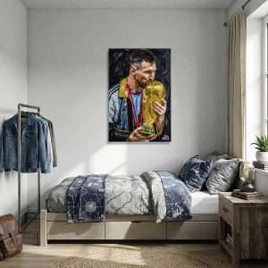 Cuadro decorativo de campeón del mundo besando la copa dorada