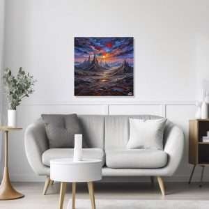 Cuadro decorativo con paisaje surrealista de montañas y cielo colorido.
