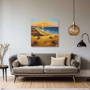 Cuadro decorativo con dunas doradas frente al mar al atardecer
