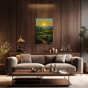 Cuadro decorativo de amanecer en campo cultivado con campesino