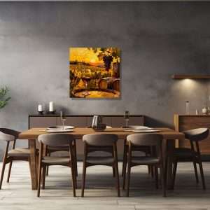 Cuadro decorativo con copa de vino y viñedo al atardecer