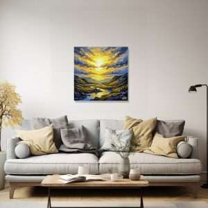 Cuadros decorativos paisaje de valle con río y cielo dorado intenso