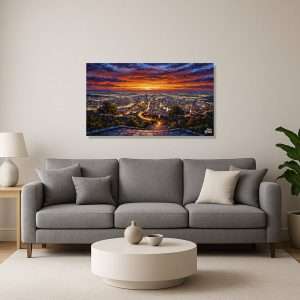Cuadro decorativo de ciudad iluminada al atardecer desde una colina