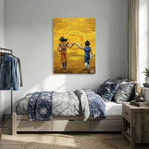 Cuadro decorativo con guerreros anime dándose puño frente al sol