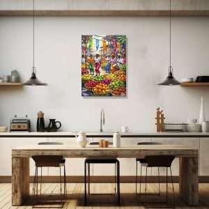 Cuadro decorativo colorido con escena de mercado y celebración popular.