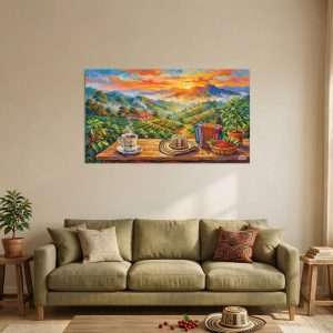 Cuadro decorativo de paisaje cafetero colombiano con taza de café y montañas al amanecer, exhibido en sala de estar